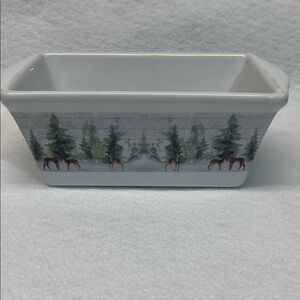 White Ceramic Mini Loaf Pan with Forest Design